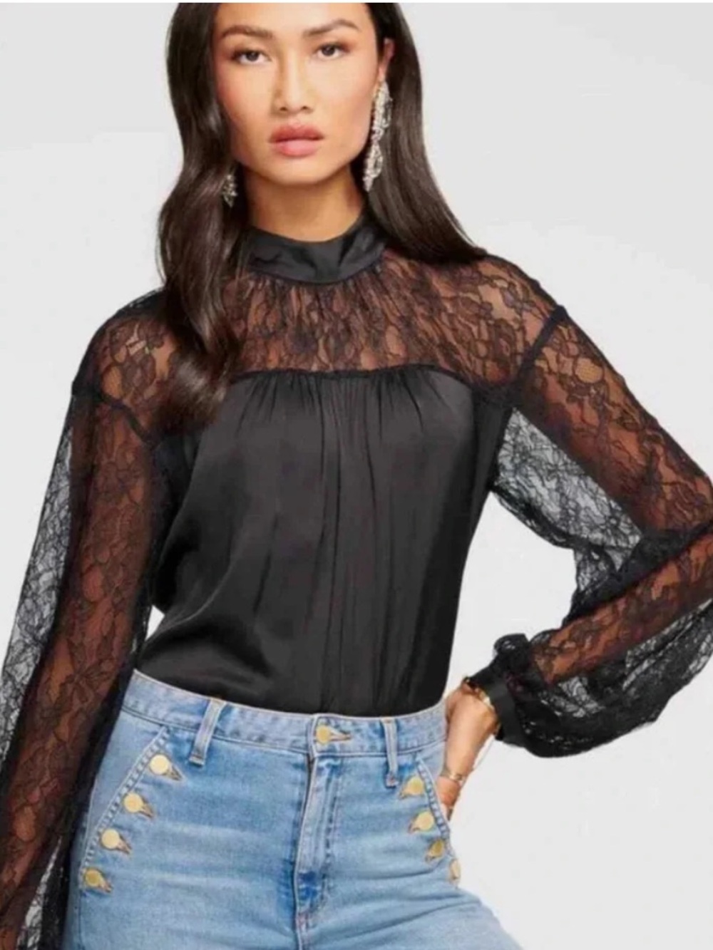 RAMY BROOKE, Sorinda Lace Sleeves Mock Neck Top in Black, Size S/P